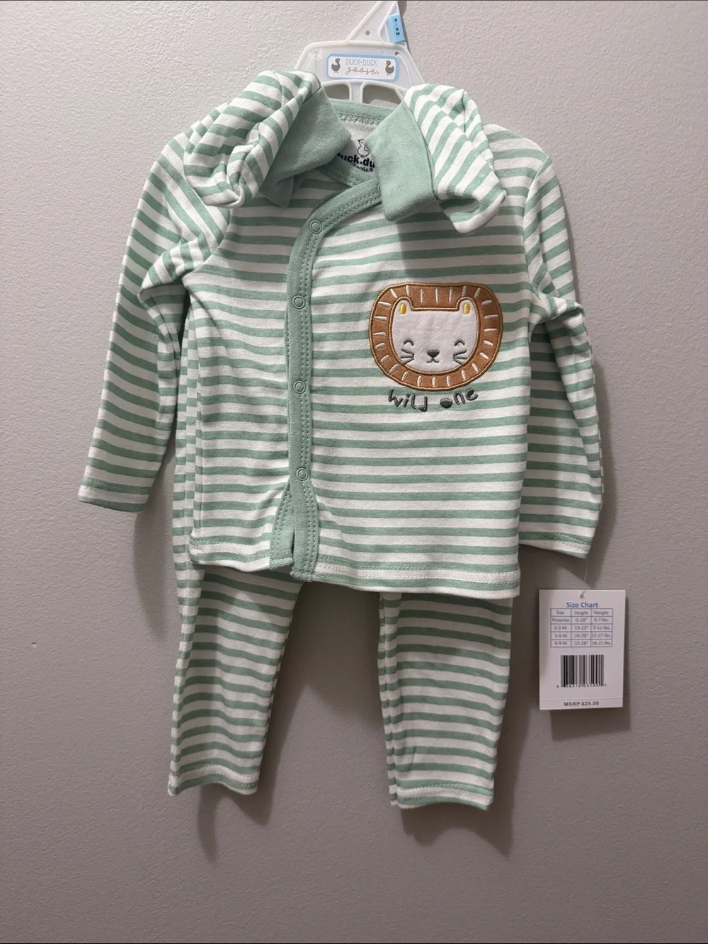 Striped Mint & White Toddler Pajama Set with Lion Applique